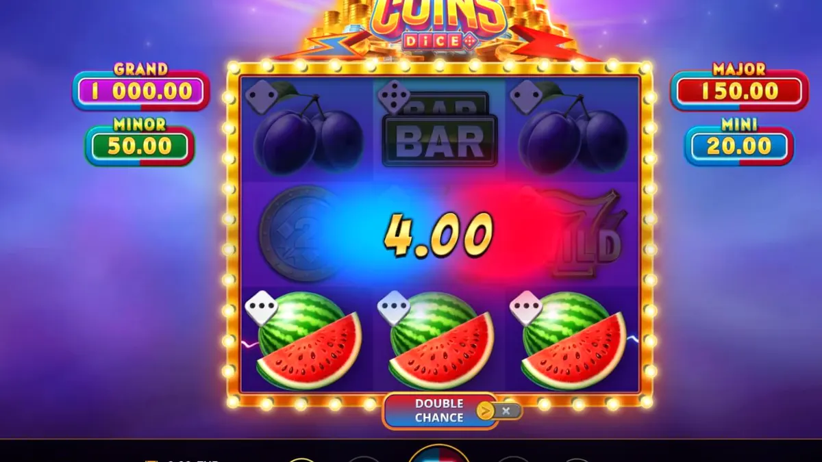 Interface do slot Magnetic Coins Dice com design metálico e símbolos de moedas