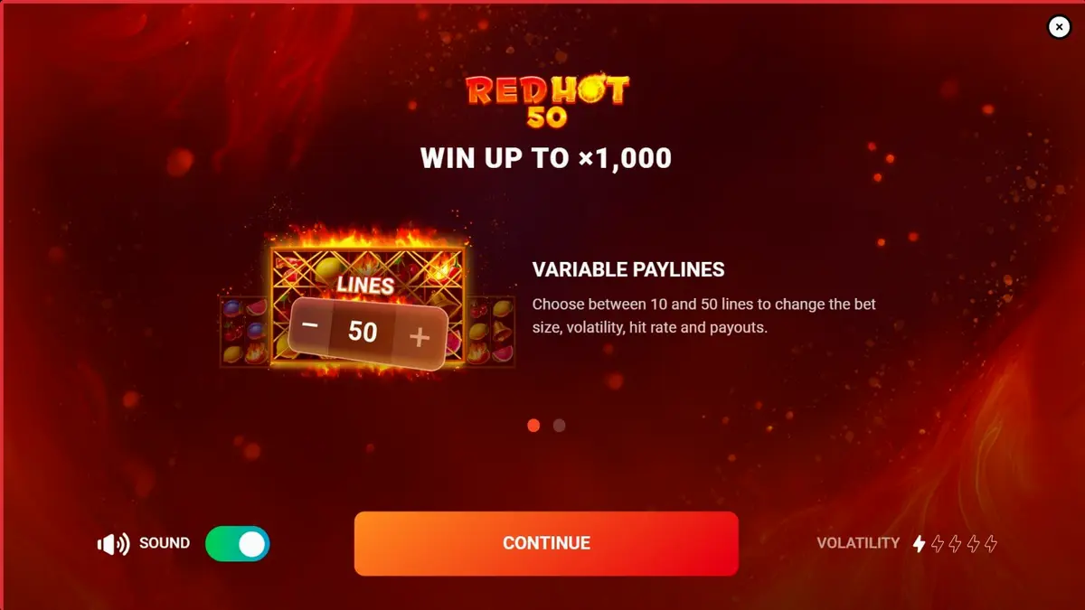 Interface vibrante do slot Red Hot 50 com símbolos de frutas em chamas