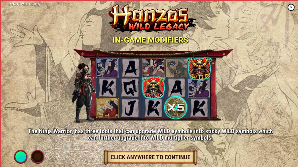 Interface do jogo Hanzo’s Wild Legacy com temática de ninja no Japão feudal