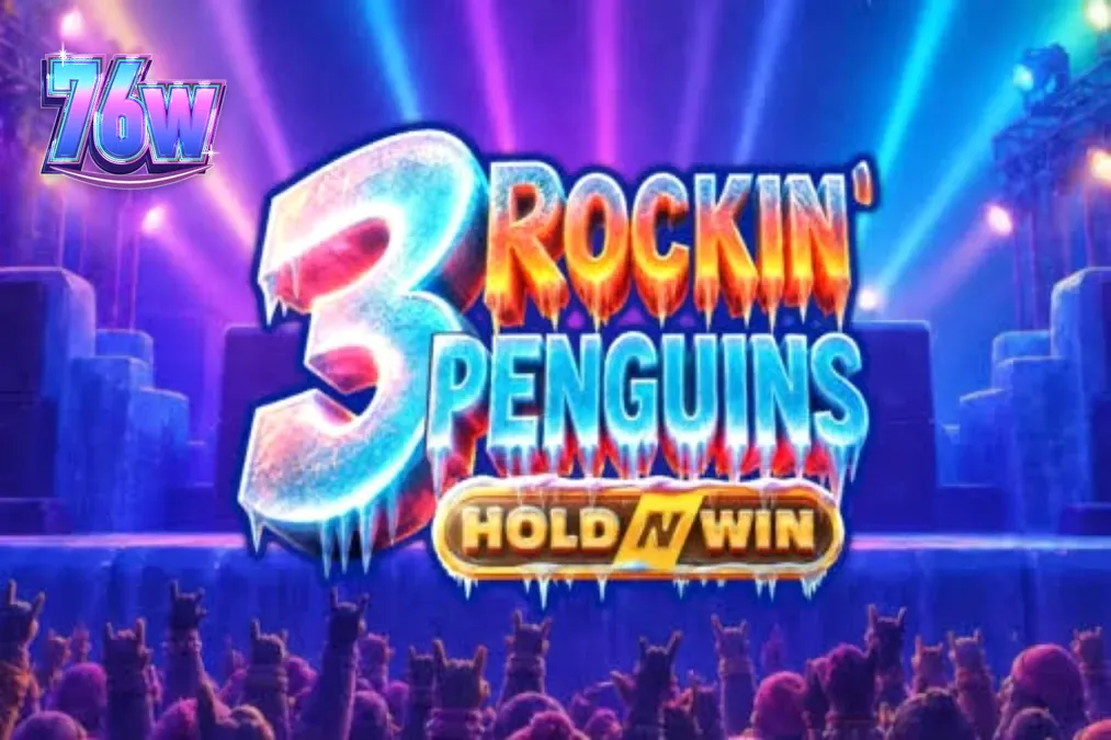 Três pinguins punks em um palco de show de rock no slot 3 Rockin’ Penguins